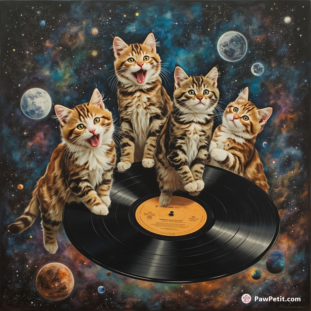 Cats participating in an intergalactic disco dance competition on a flying vinyl record amidst a cosmic background.