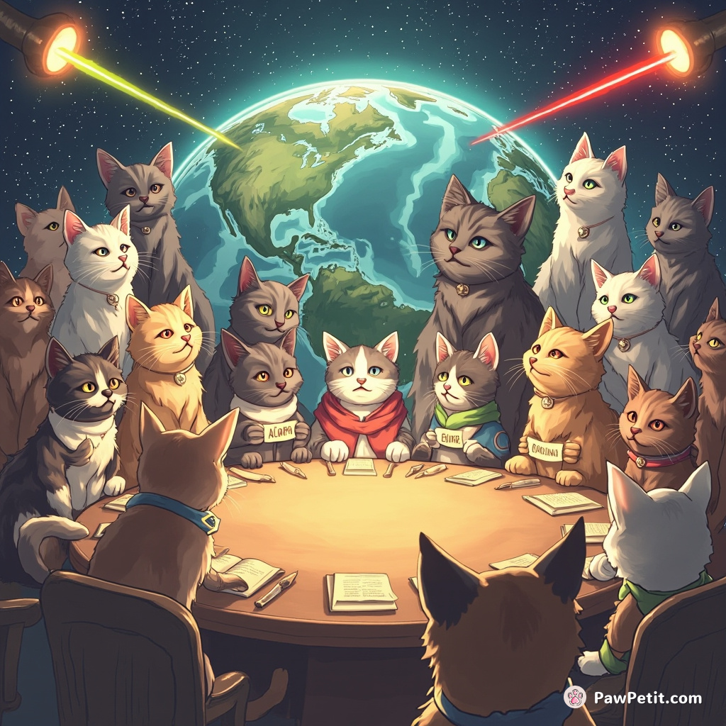 Cats convene a global summit to enforce a "No Laser Pointers" ban, causing widespread human uproar and debate.