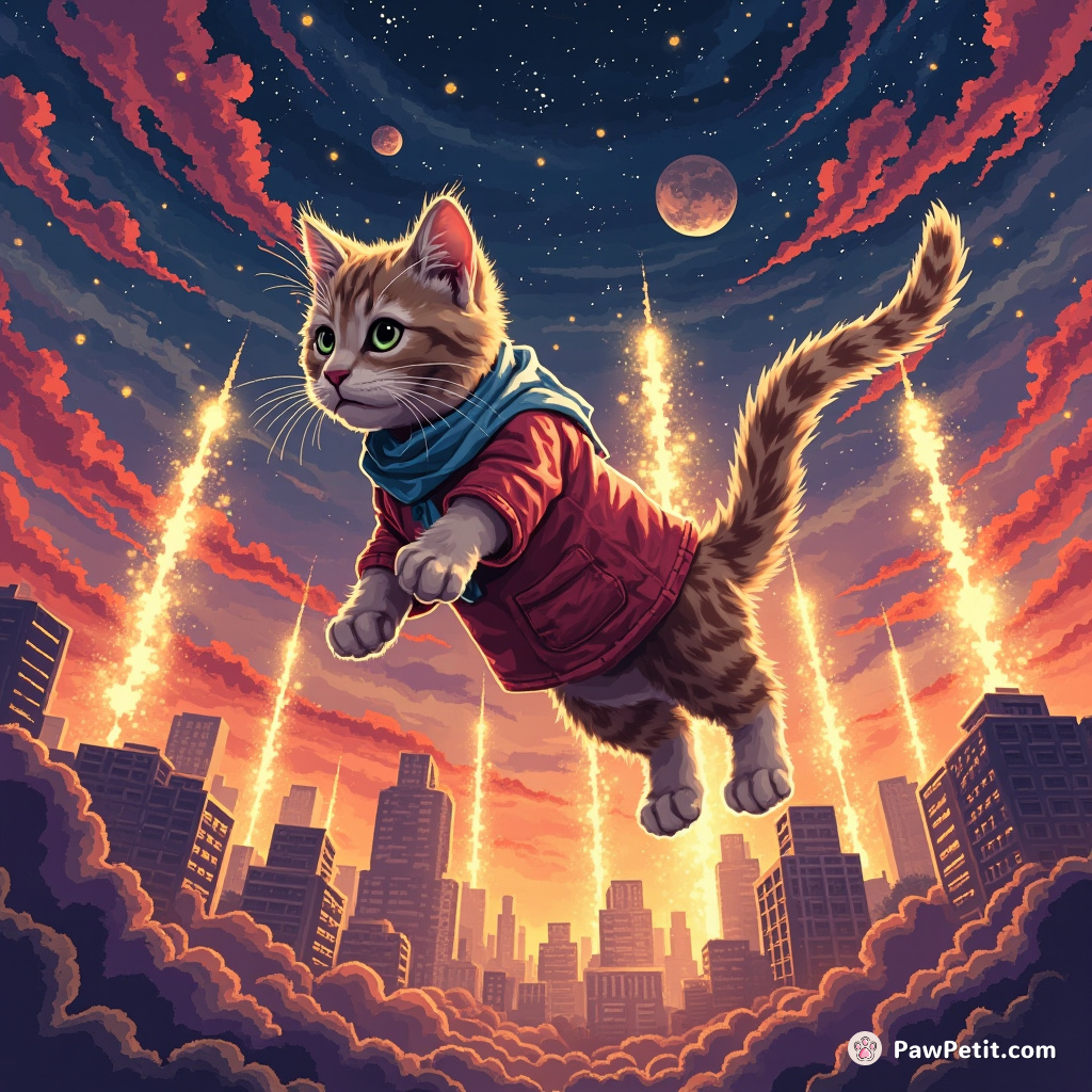 Feline launched into space-time, tail flicks sending rows of holographic Gandhi sentient signs all ablaze, city aflame with enlightenment.