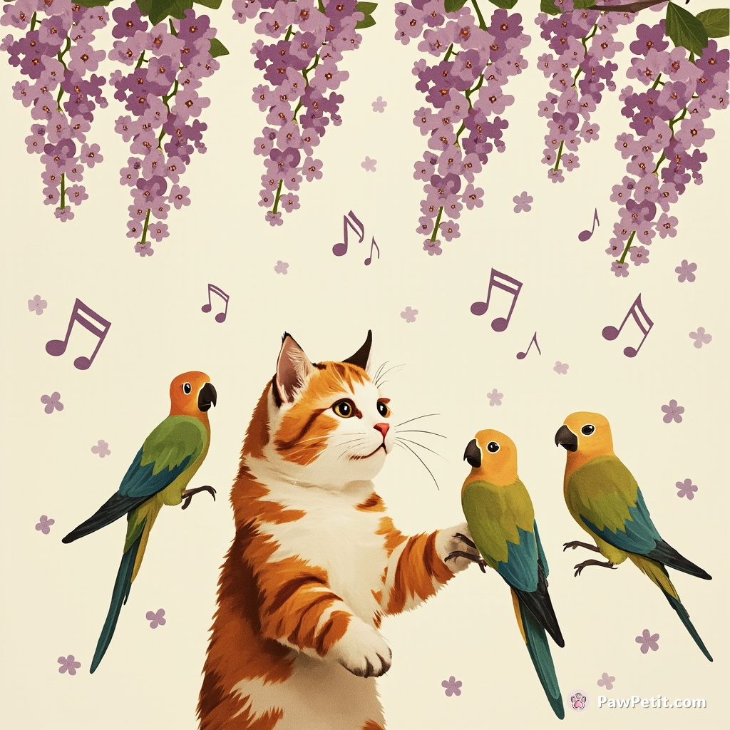 A cat conducting a symphony of singing parrots with lilacs raining from the sky.