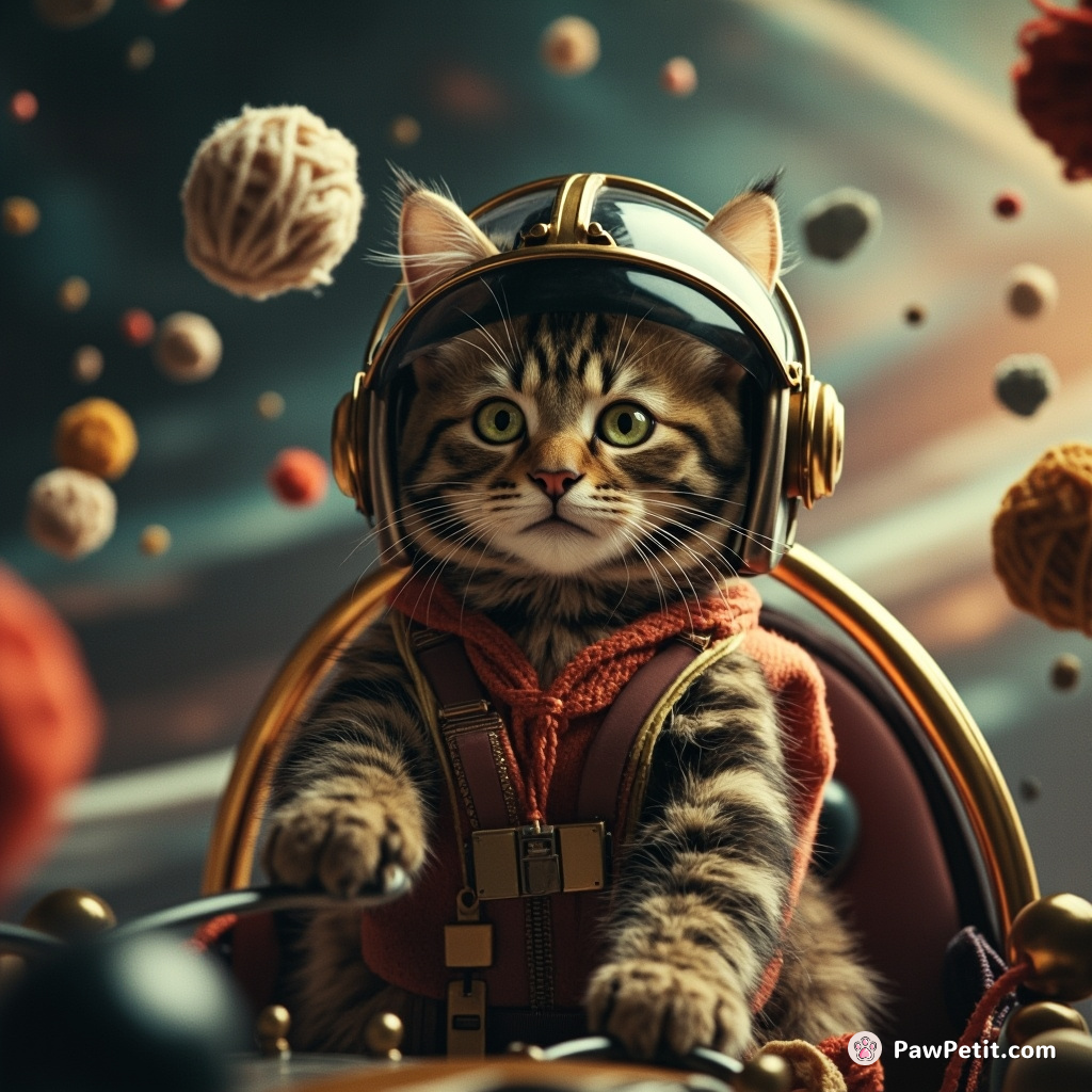 Whiskers pilots the Cosmic Catnip Cruiser, swatting at floating yarn controls to warp space-time.