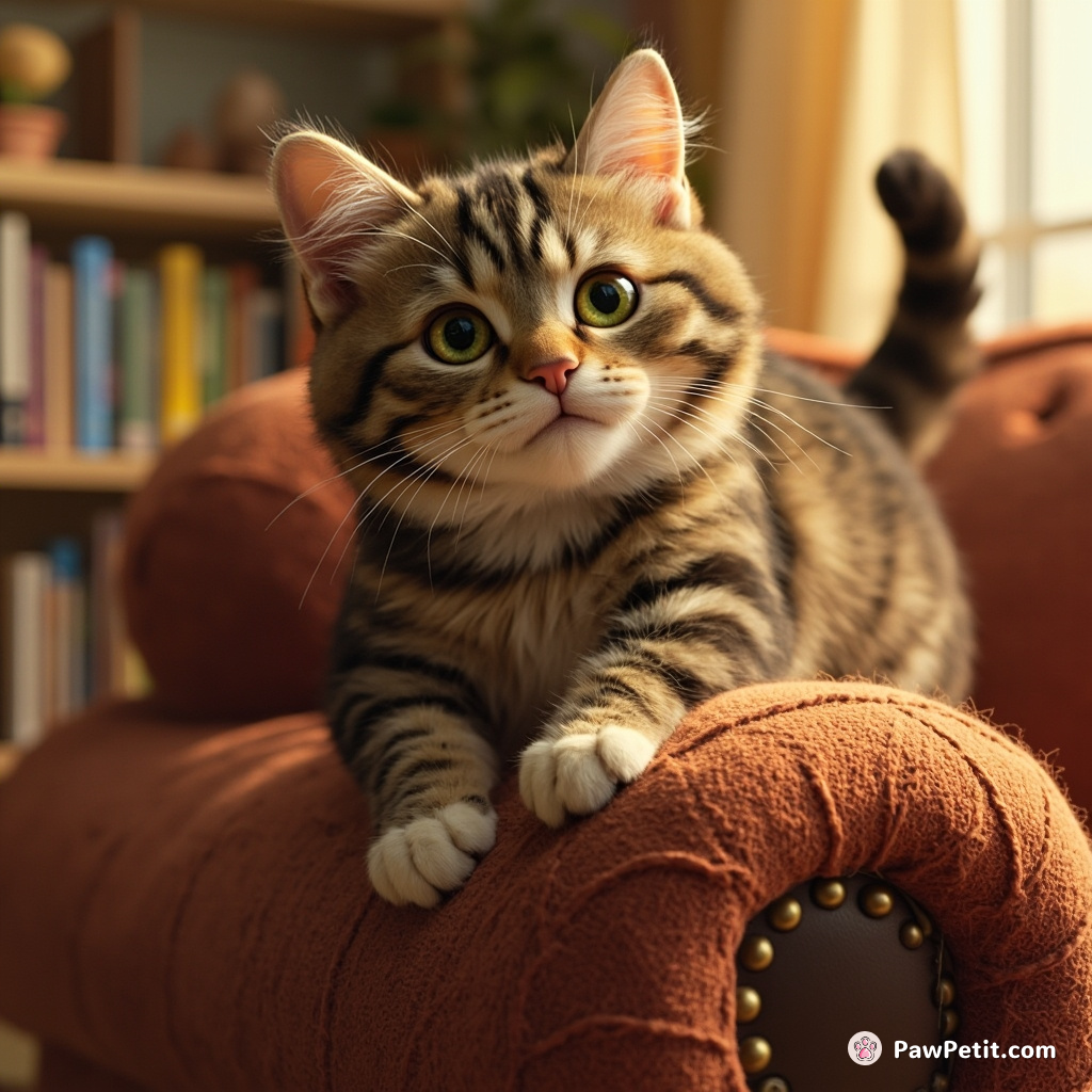 Pugnacious feline scales Mount Couch, claws sinking into upholstery with bravery. Epic valley of living room conquered!