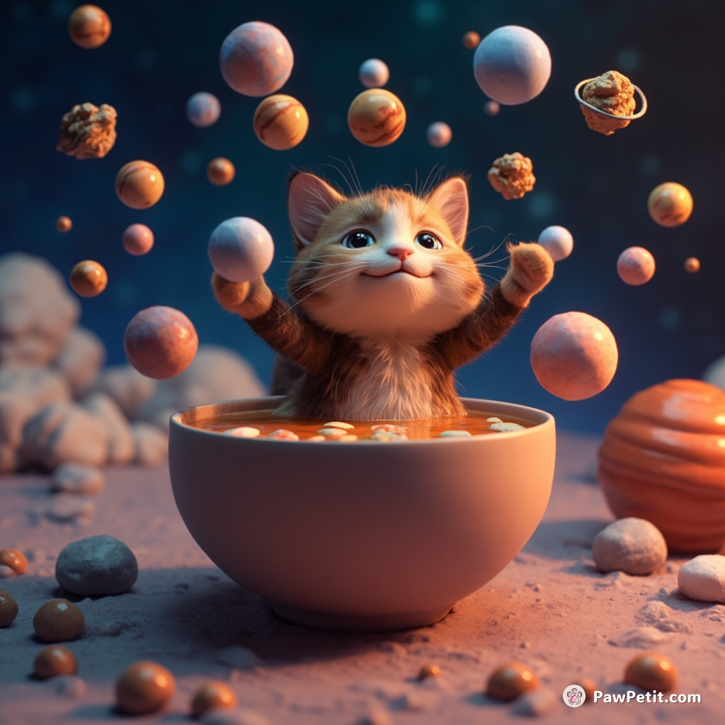 Cat juggling miniature planets while floating in a cosmic soup bowl.