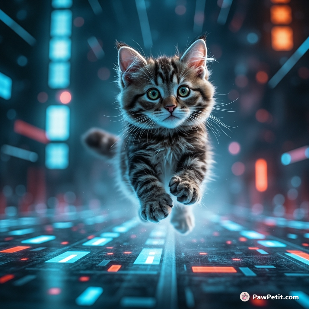 In the digital realm, a feline leaps through glowing data streams, manipulating virtual worlds with each graceful bound.