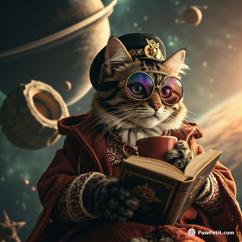 A French aristocrat cat sipping tea on an asteroid whizzing through space, reading a sci-fi novel with steampunk goggles.