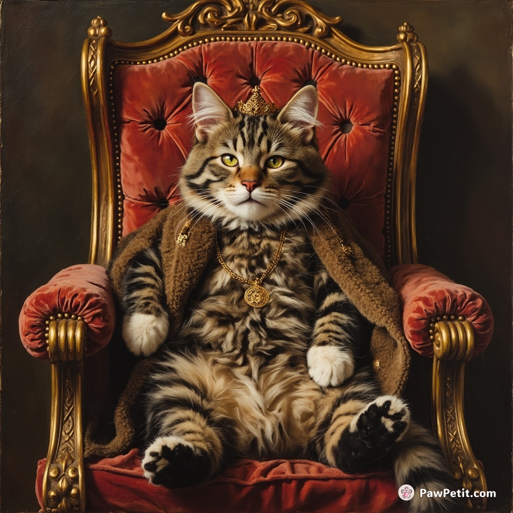 Whiskers the Great, the feline overlord, ascends the throne to decree mandatory napping for all humans.