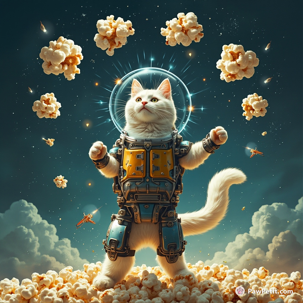A cybernetic cat juggling 4 popcorn cornels, only to transform them into inter-galactic spaceships in the middle of a summersault.
