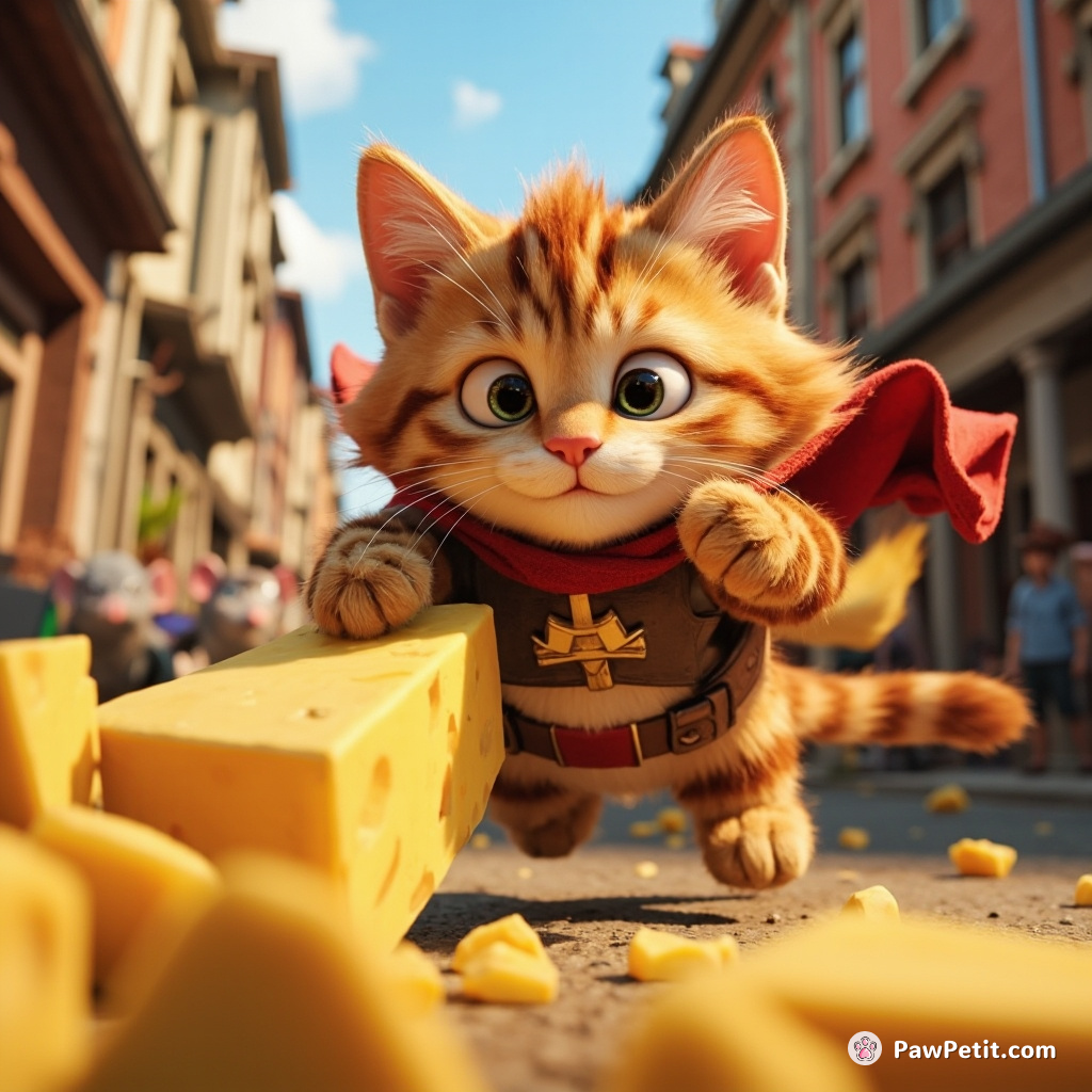 Cat pilfers cheese wheel, sparks epic chase, saves town from cheese-craving rats, hailed as "Heroic Whiskers.