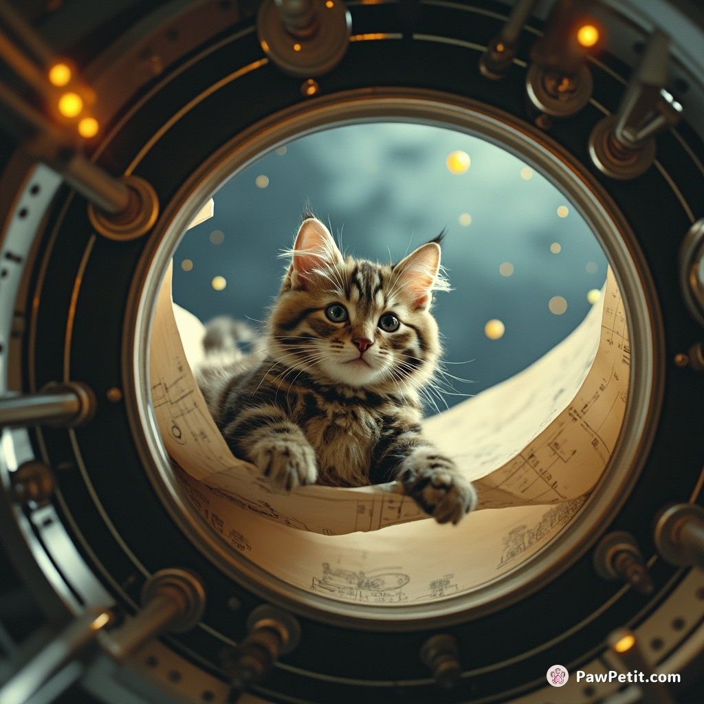 A cat deciphering cosmic blueprints while floating peacefully inside a zero gravity, steampunk-inspired spaceship.