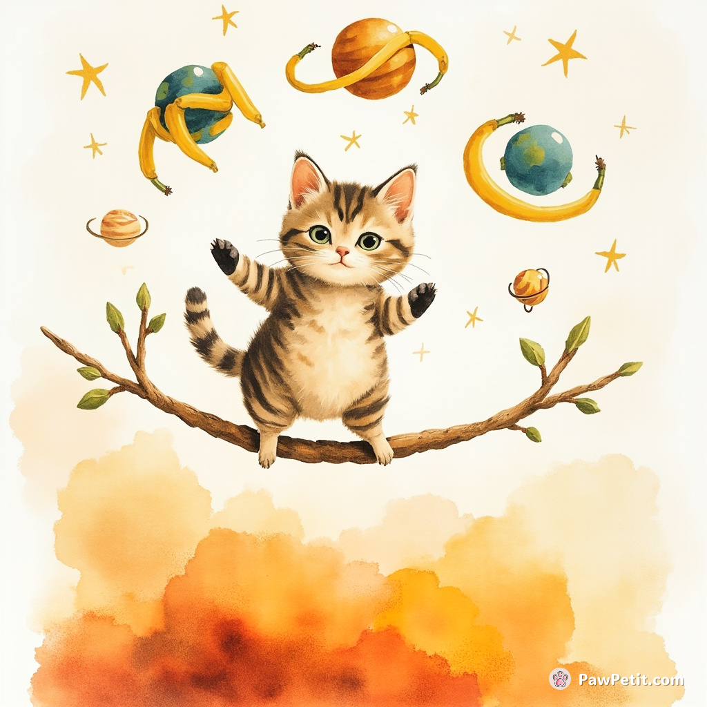 Cat juggling banana-shaped planets on a tightrope over magma.