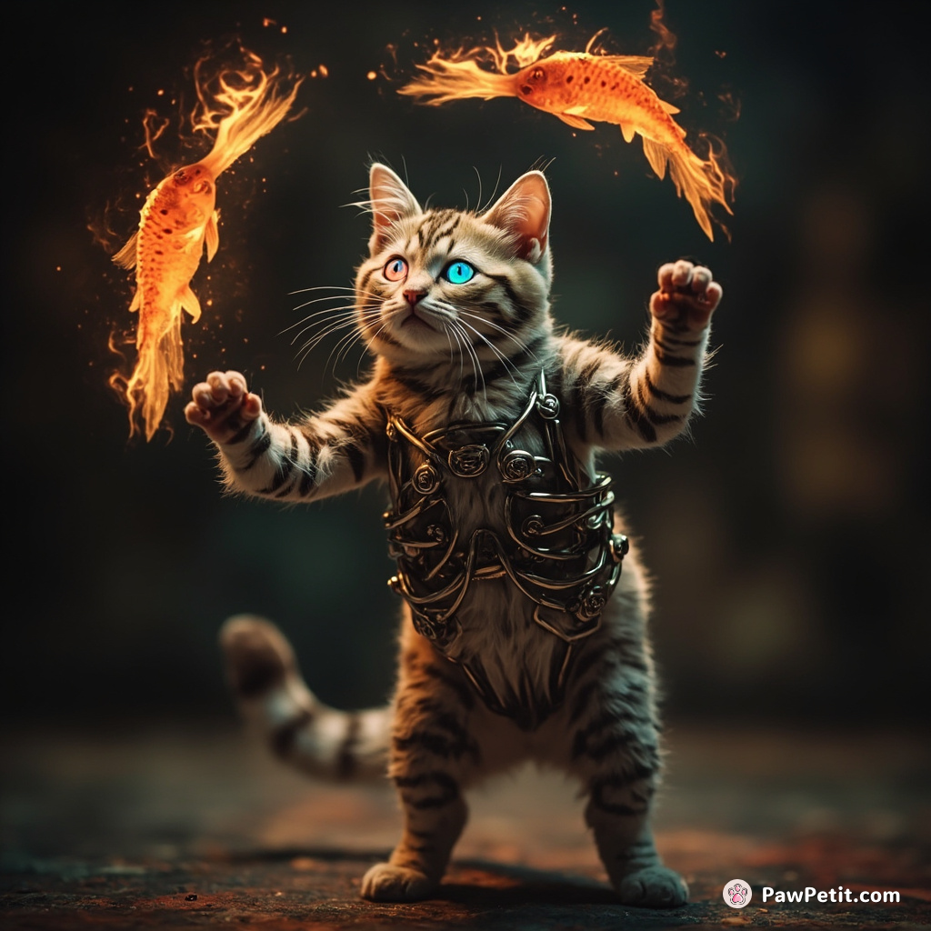 Cyborg cat with kaleidoscopic eyes performing rhythmic gymnastics in a dark circus, juggling flaming fish.