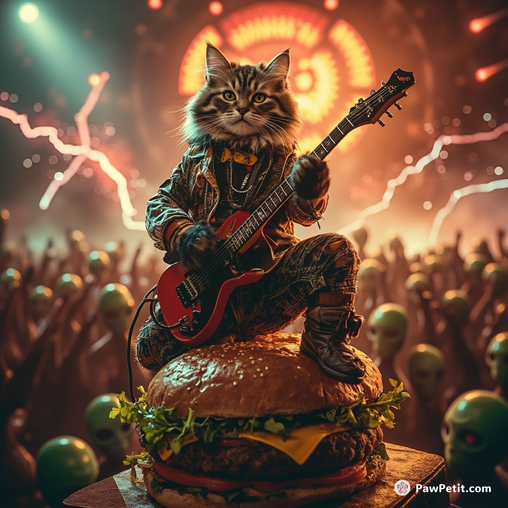 A punk rocker cat performing a guitar solo atop a gigantic cheeseburger in a crowded alien concert.