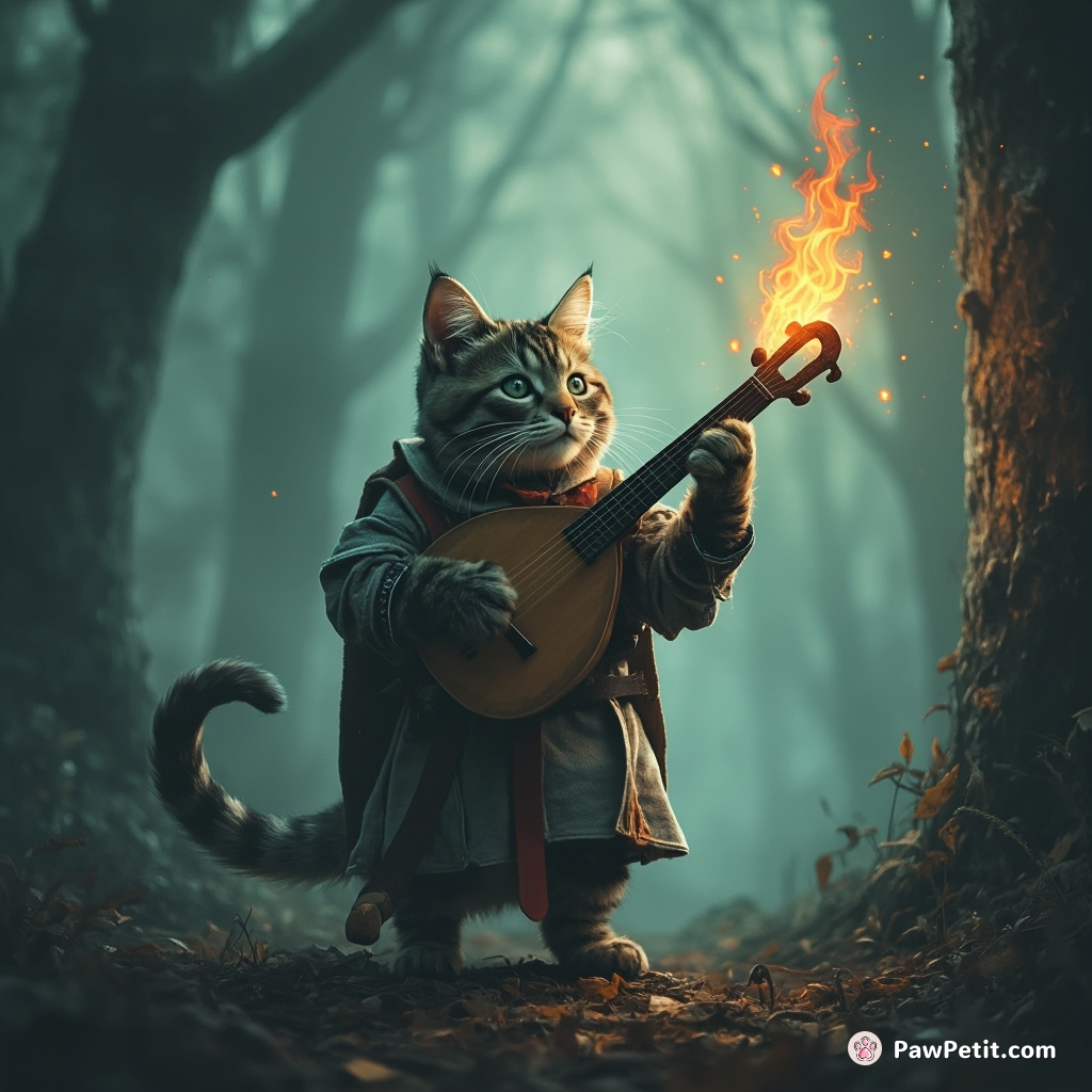 A medieval knight cat balancing a flaming sword on its tail, while playing a lute with one paw in a foggy enchanted forest.
