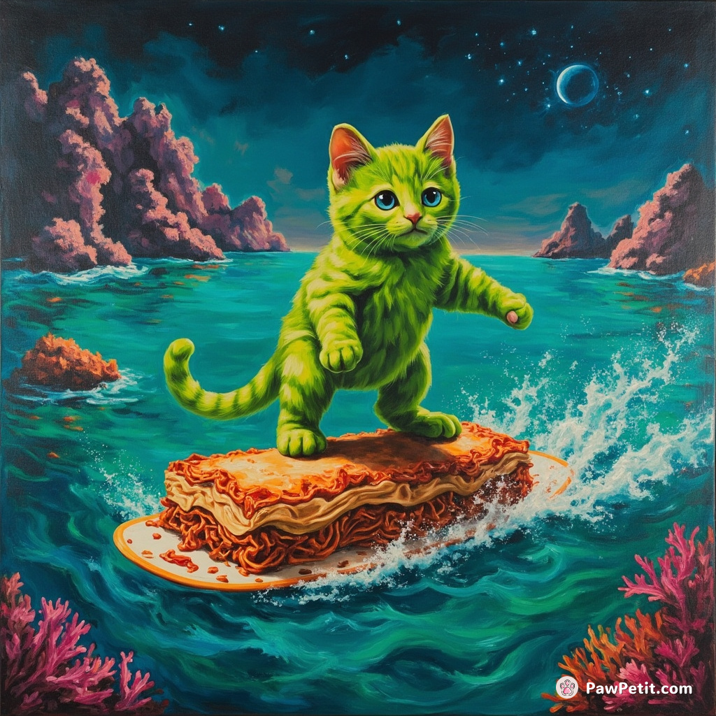 A neon green cat surfing on a floating lasagna over the coral reefs of an alien ocean.
