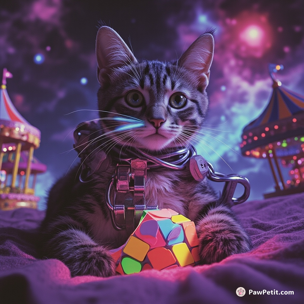 Cybernetic cat solving an intergalactic Rubik's cube puzzle in a supernova carnival.