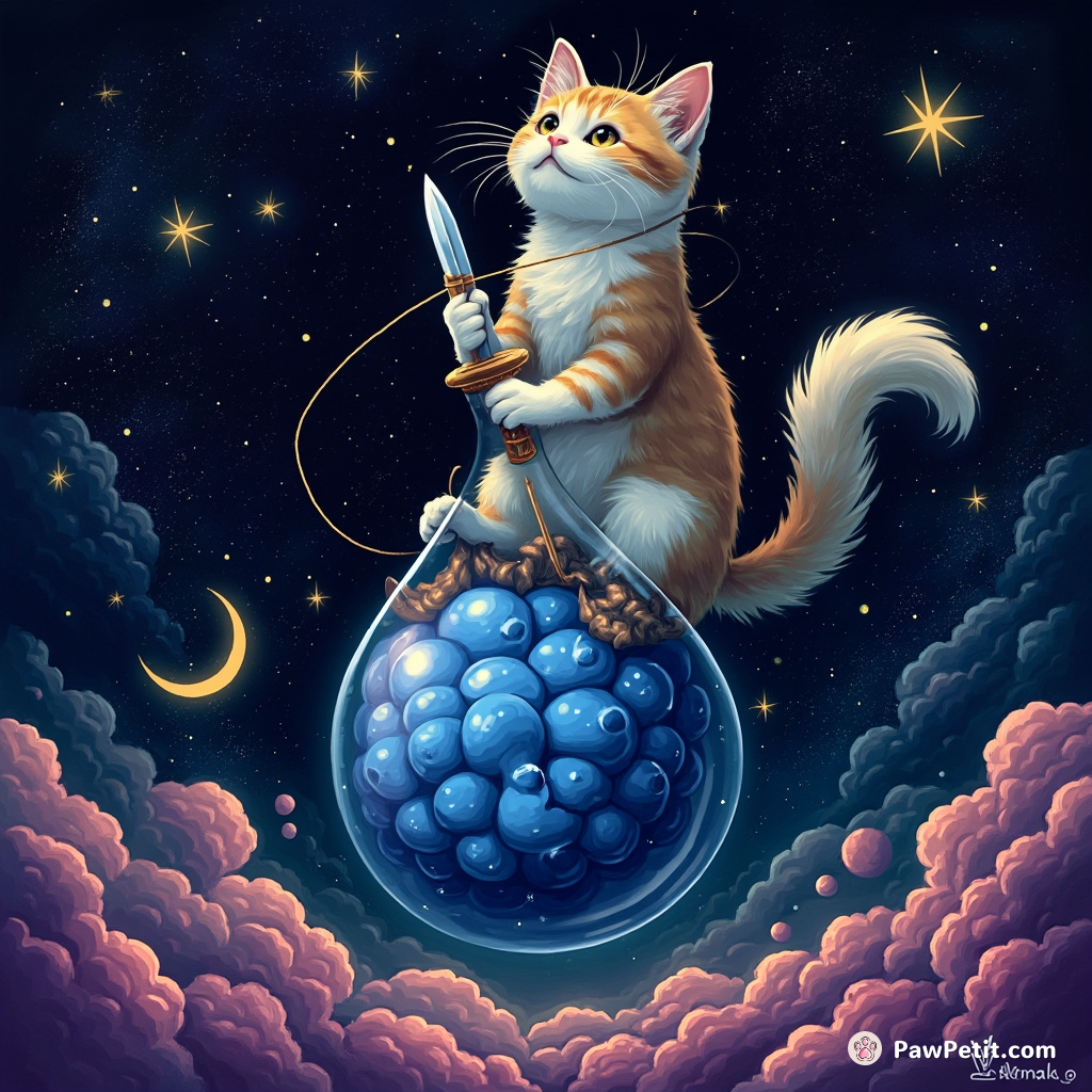 A cat threading the dagger of time through an hourglass, perched atop a giant blueberry in outer space.