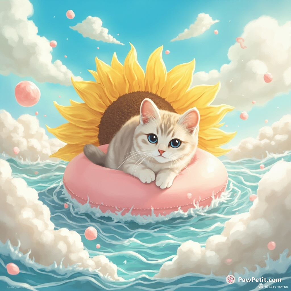 Cat sailing through a cotton candy ocean using an oversized sunflower as a raft.