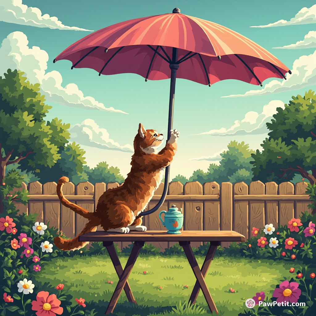 The cat leaps onto the garden table, paws on the umbrella, surveying the yard like a human surveying the horizon.