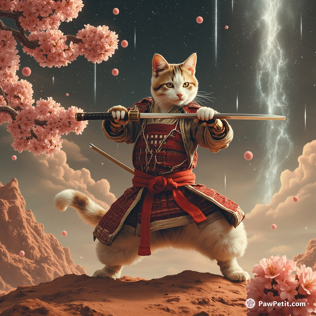 A battle-hardened samurai cat practicing kendo under a cherry blossom waterfall on Mars, maintaining cosmic serenity amid meteor showers.