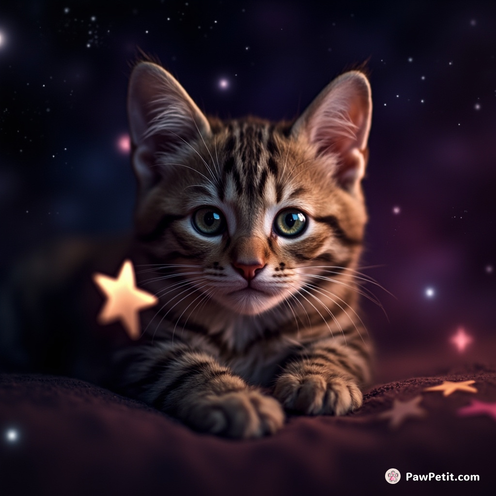 Cat plucking stars from a neon galaxy with its clawed toes.