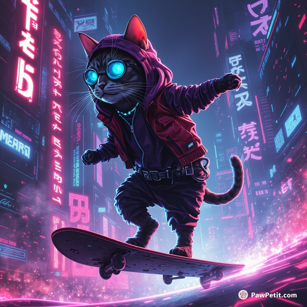 Cyberpunk cat surfing a neon datawave in futuristic metropolis.