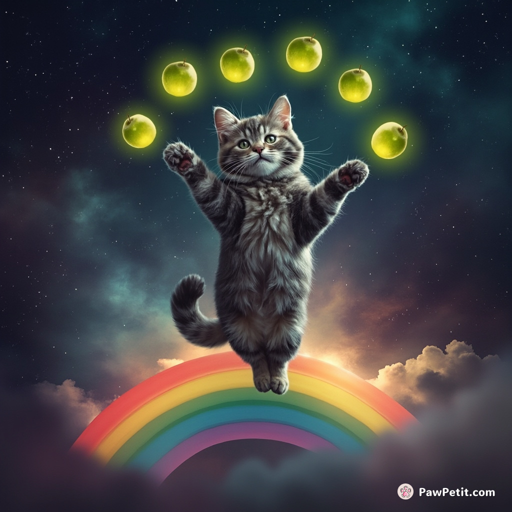 A grey cat juggling glowing green apples while doing a handstand on an upright rainbow in a nebula.