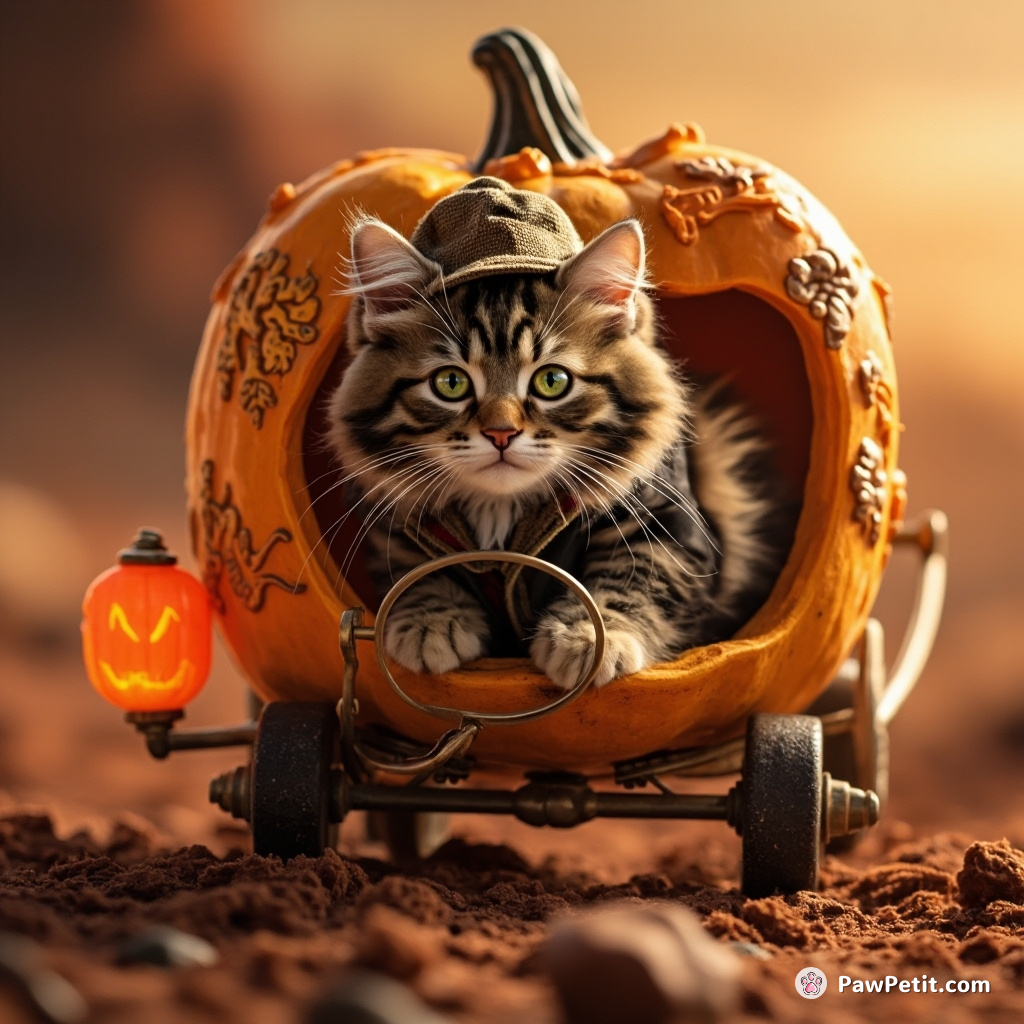 Cat stepping out of a pumpkin carriage dressed as Sherlock Holmes on Mars.