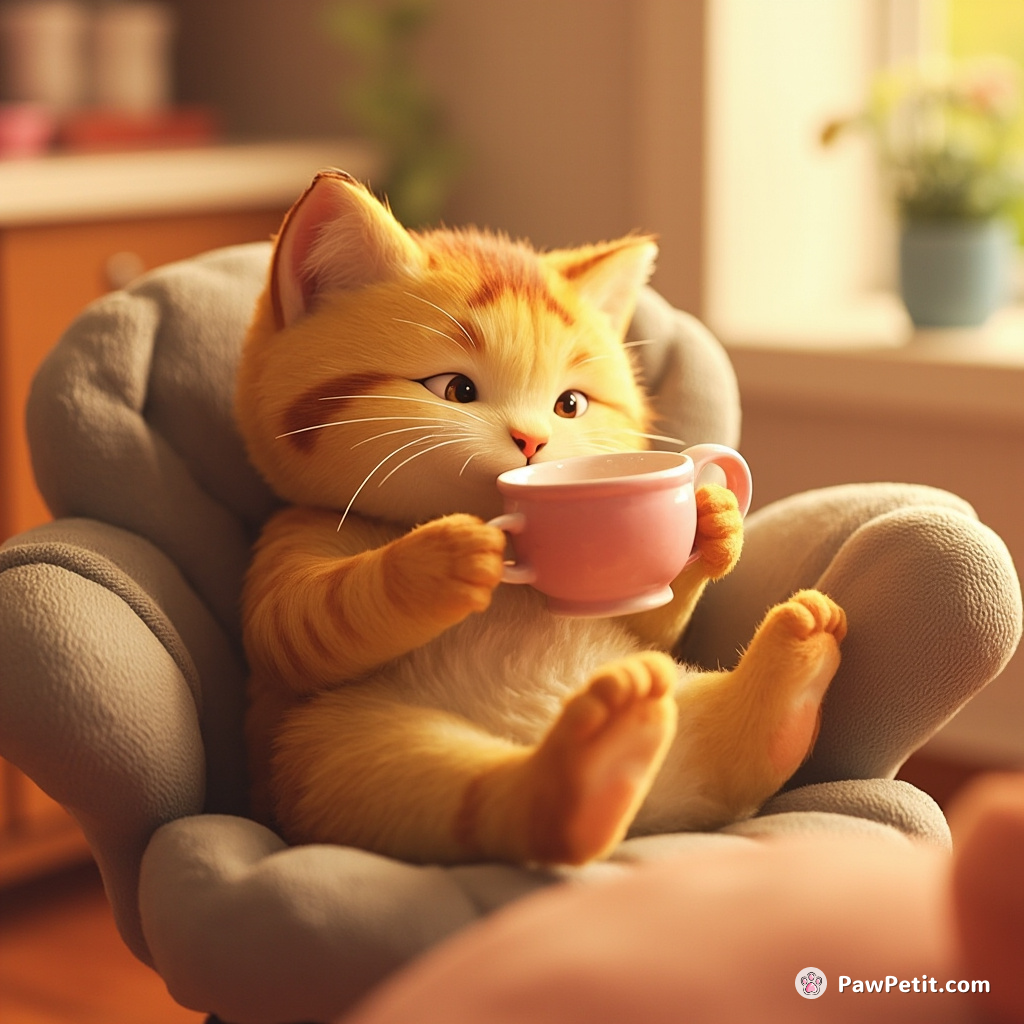 Curled in a chair, whiskers twitch as the cat attempts to sip tea with tiny paws, mimicking afternoon tea parties.