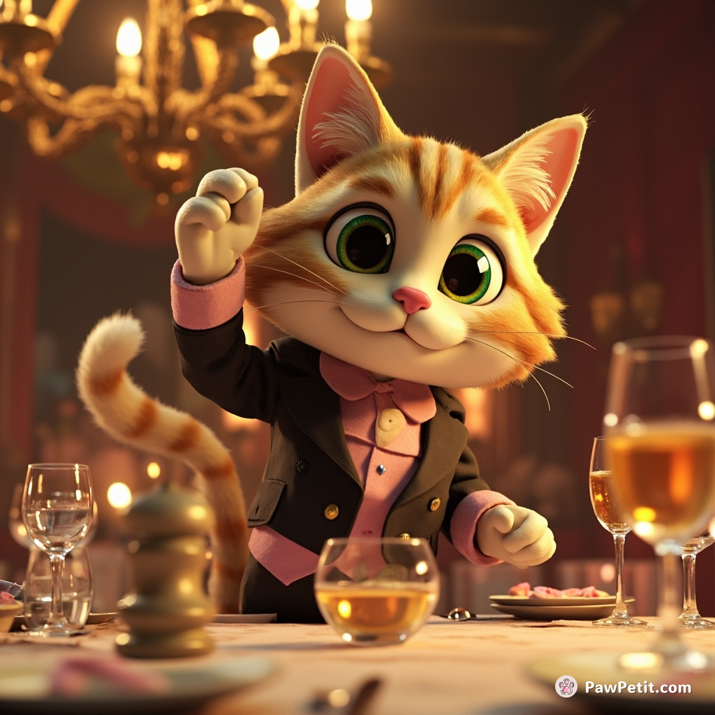 The cat, disguised as a human, sneaks into a fancy dinner party and begins batting at the chandelier with its tail, causing chaos.