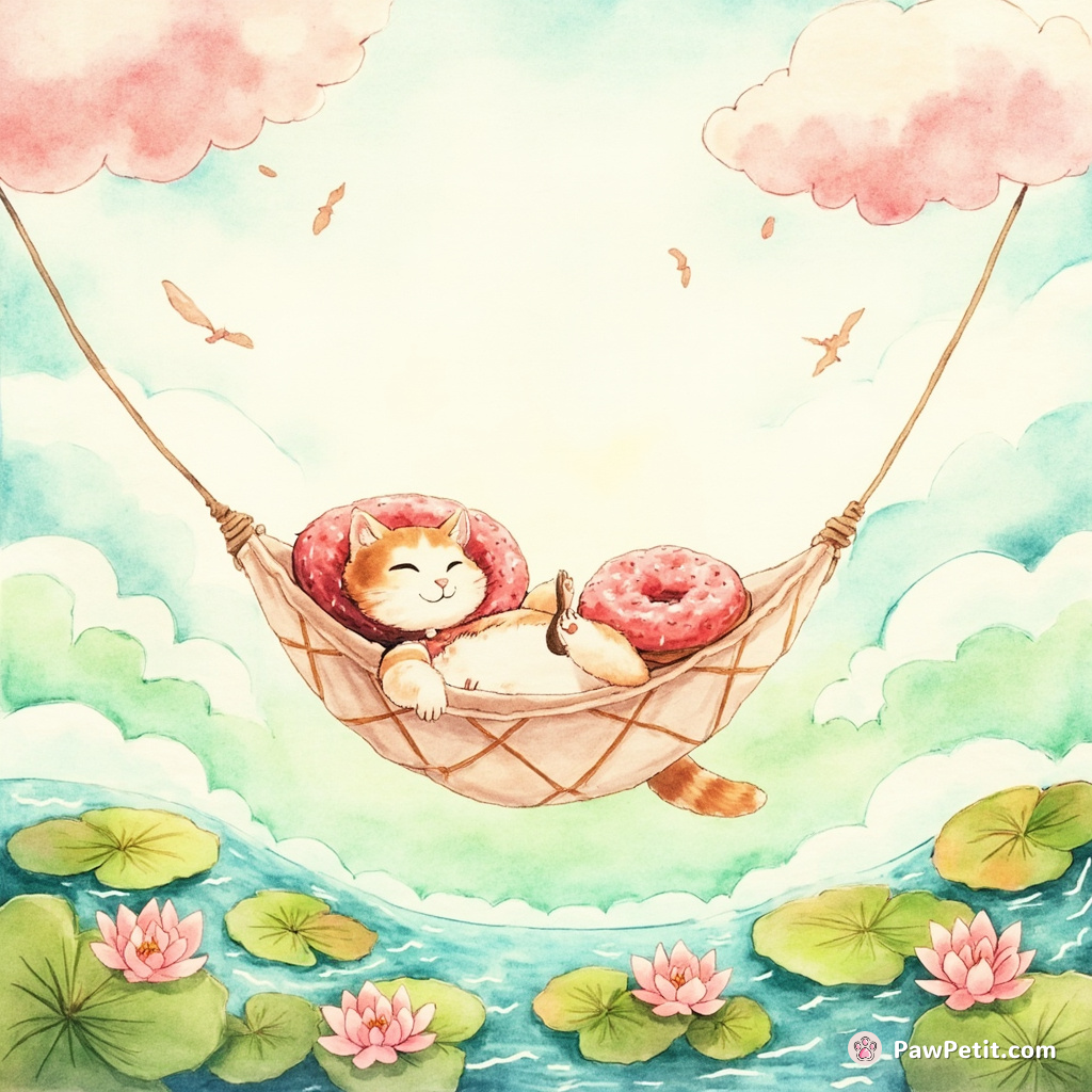 A cat eating donuts on a gossamer hammock, dangling above a technicolor lily pad sea, under gradient candyfloss clouds.