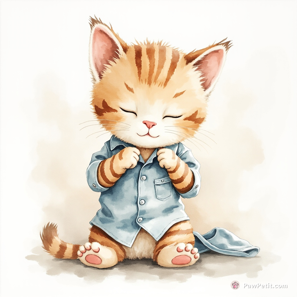 The cat painstakingly buttons a tiny shirt, paws trembling with concentration.