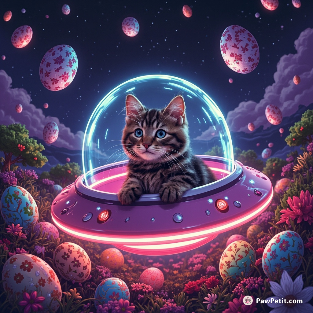 A Tabby cat piloting a miniature UFO in a glowing garden of neon seashells and floating Fabergé eggs.