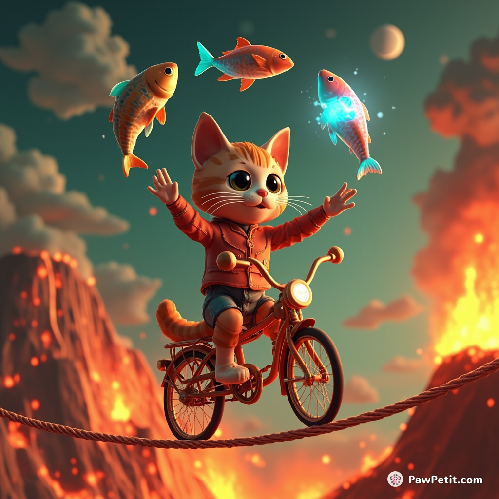 Cat using telekinesis to juggle intergalactic fish while riding on a vintage bicycle on a tightrope across an infernal volcano.