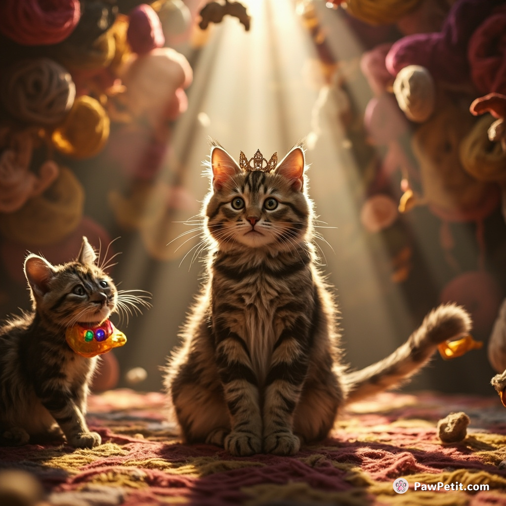 In Catnip Kingdom, Princess Whiskers' tail flick thwarts the menacing Mice Brigade, restoring peace in her colossal yarn palace.