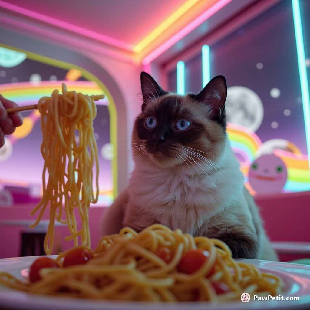 A Siamese cat eating flying rainbow spaghetti in a zero-gravity outer space pizzeria.