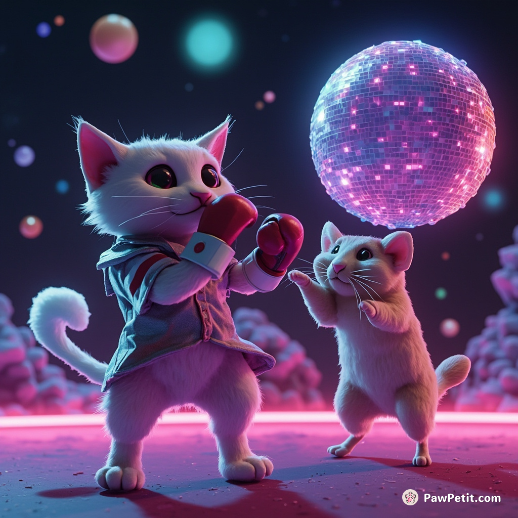 A cat boxing with a multi-dimensional, neon hamster under a zero-gravity disco ball in space.