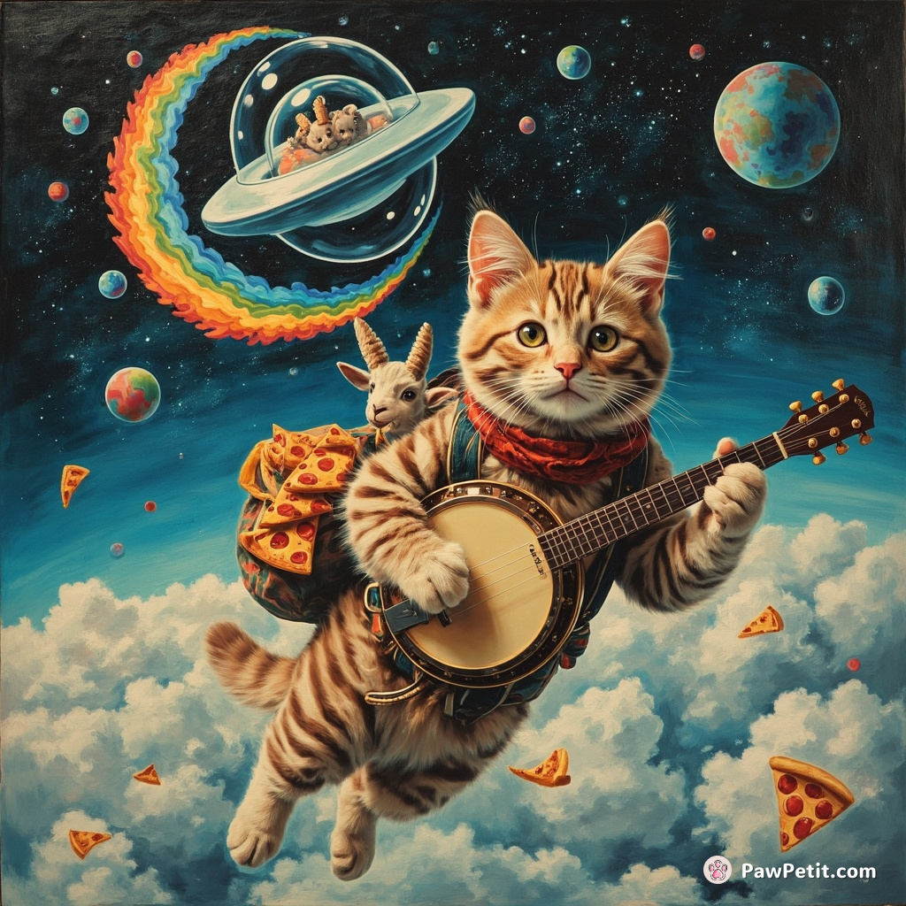 Cat skydiving from a UFO with rainbow goat sidekick, carrying a banjo and bag of pixelated pizza slices