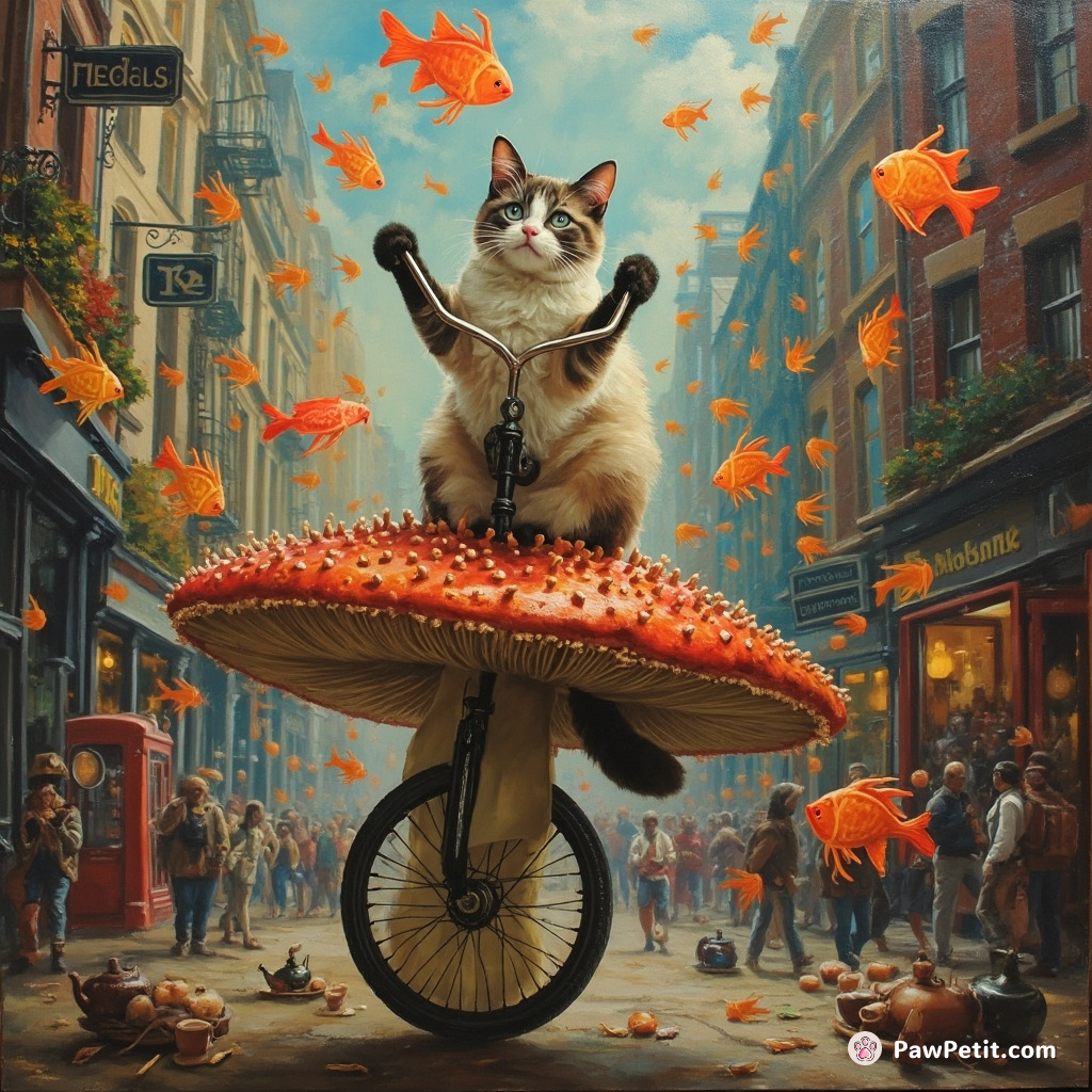 A Siamese cat riding a unicycle atop an extra-terrestrial mushroom, jovially juggling neon colored codfish in the middle of London at teatime.