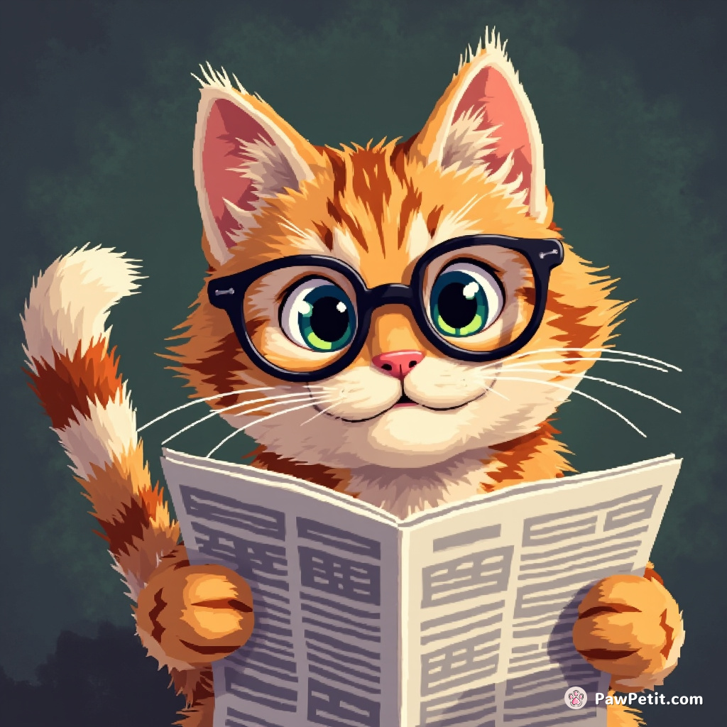 The cat solemnly dons tiny glasses and pretends to read the newspaper, tail twitching with mock importance.
