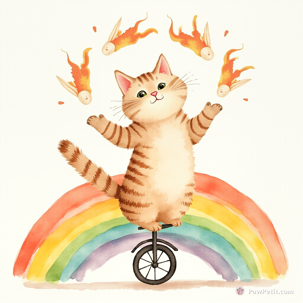 Cat juggling flaming fishbones while riding a unicycle on a rainbow.