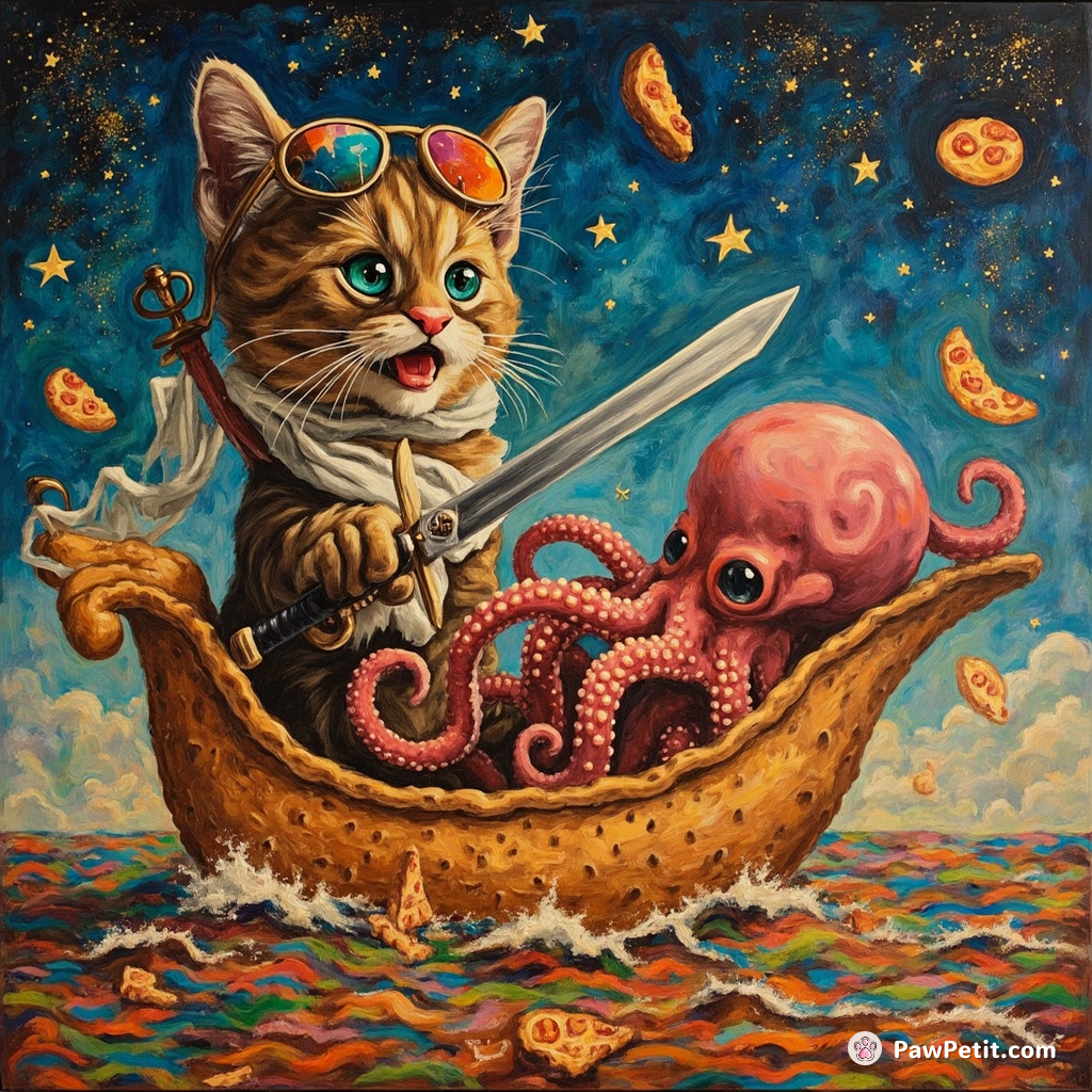 A cat sword-fighting an octopus on a churro ship in a rainbow-colored caramel sea under pizza-shaped star constellations.