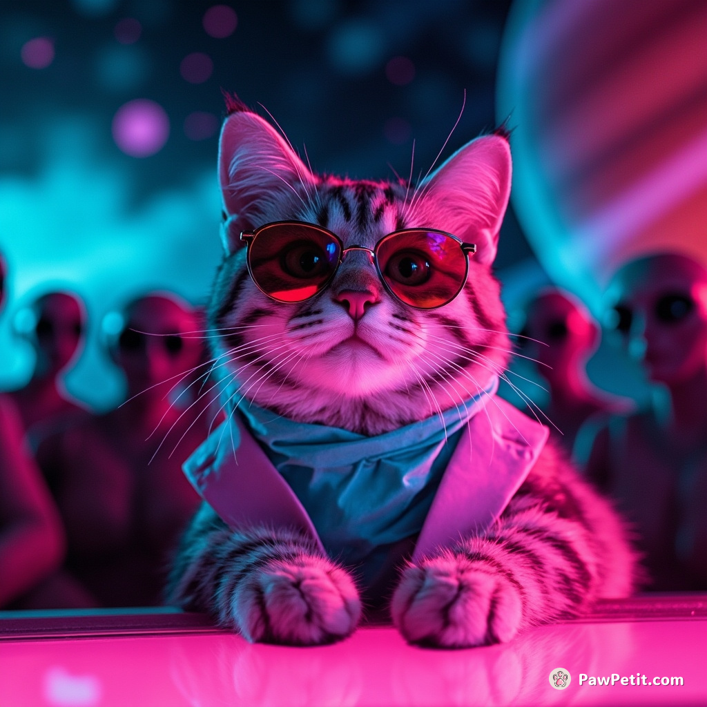 A neon-hued cat pretending to host a talk show on Saturn with aliens as the audience, interjecting periodic fake laughter.