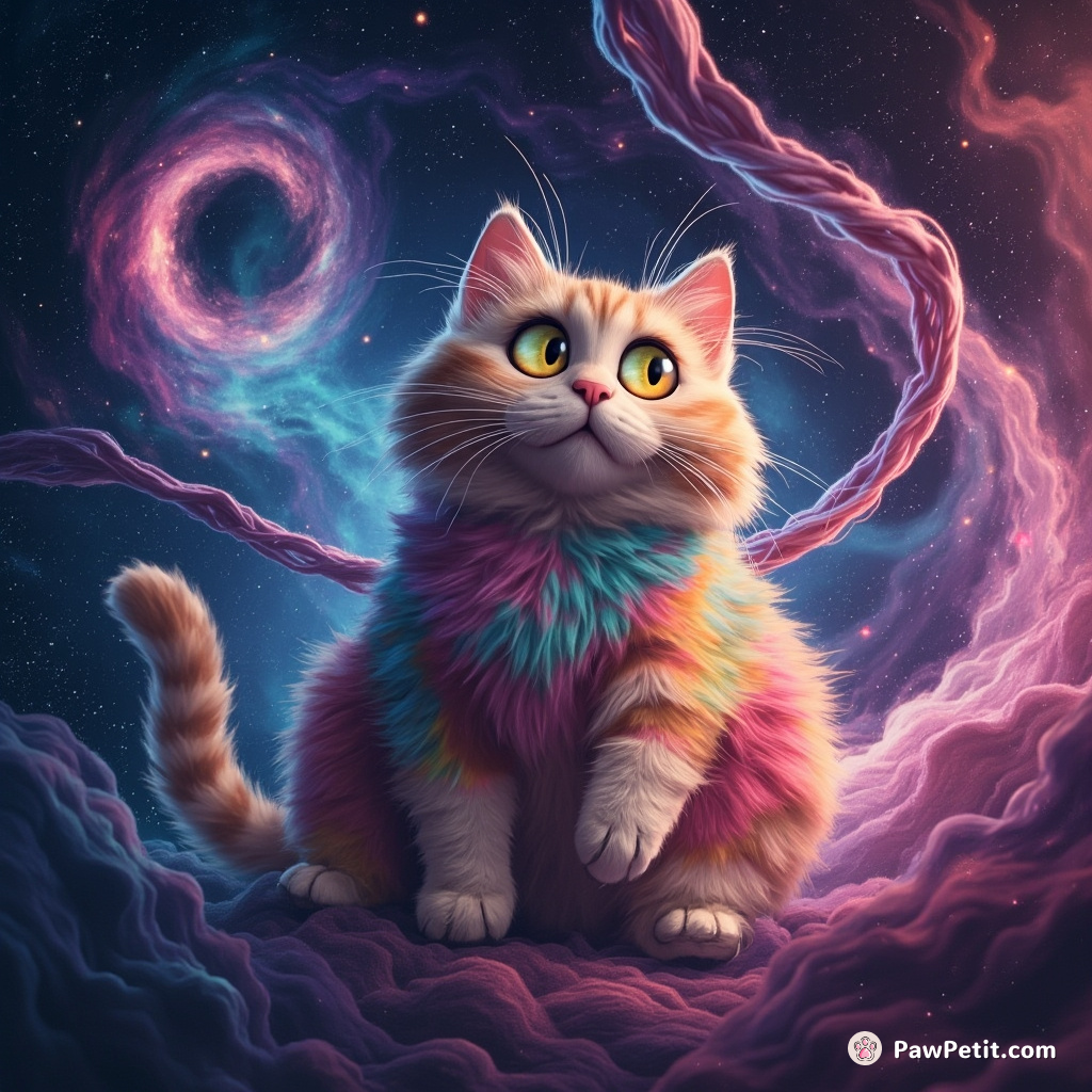 A giant cat weaving silk threads to create a tie-dye galaxy in the vacuum of space.
