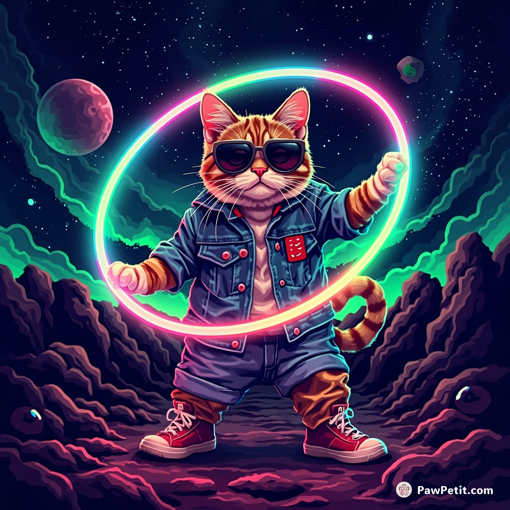 A cat hula hooping under a neon aurora borealis, wearing snappy spectacles and space sneakers.