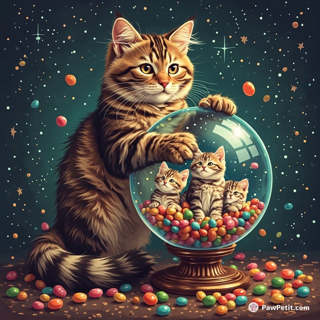 A mystical earth-toned cat, weaving magic with its multicolored tail, manipulates galaxies nodding emotively from within an antique globe filled with celestial jellybeans.