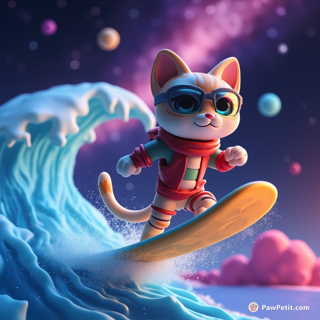 A space cat surfing a Milky Way wave on a cheeseboard surfboard.
