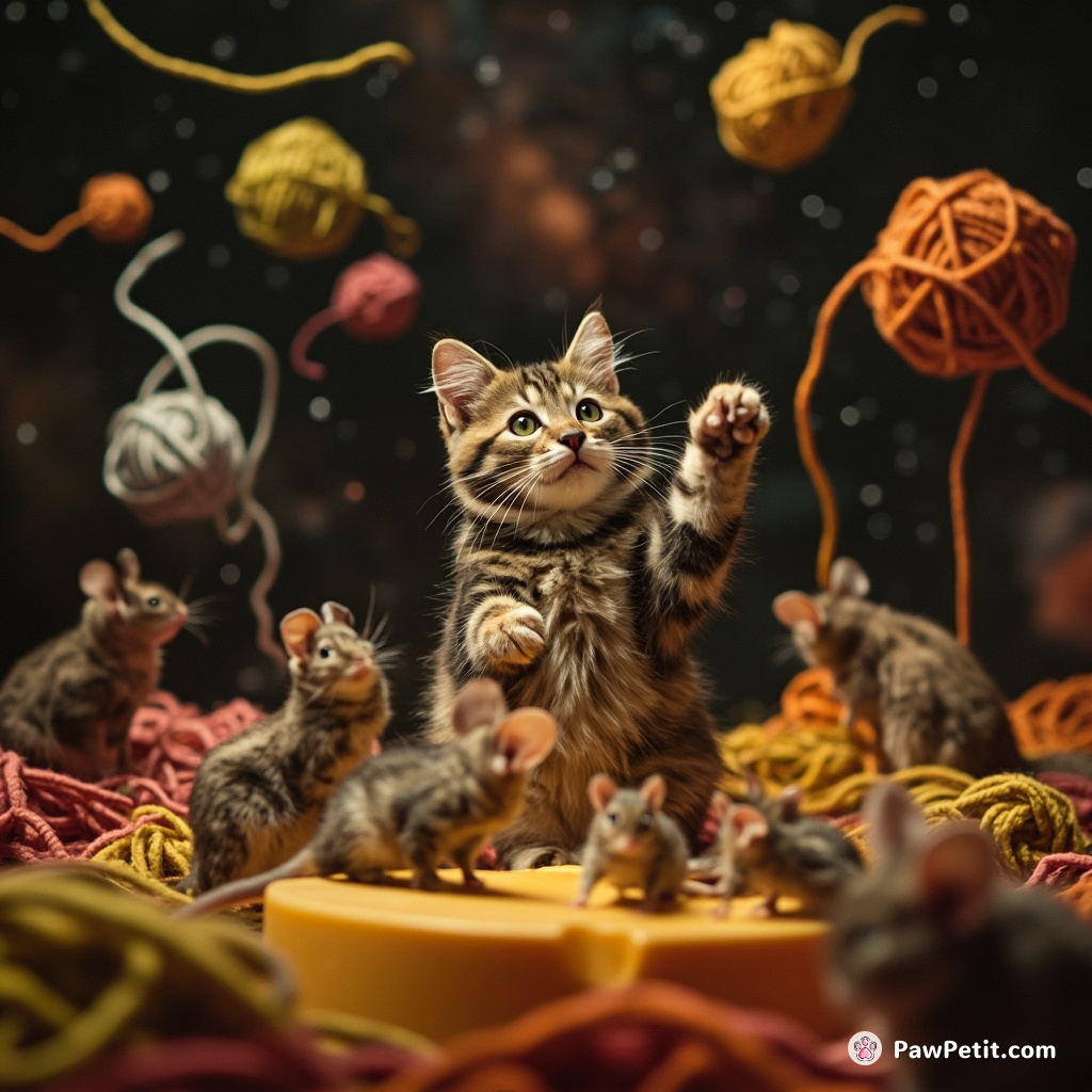 Cat conducting a mouse symphony on floating cheese in a galaxy of yarn