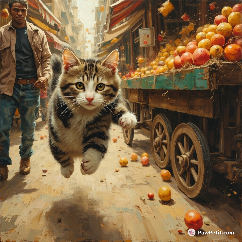 Feline darts through bustling market, dodging feet and carts, leaps onto stall, knocking fruit in chaotic escape.