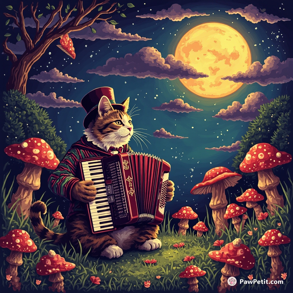 A Victorian-style cat playing an accordion to a enchanted mushroom audience under a radioactive slice-of-pizza moon.