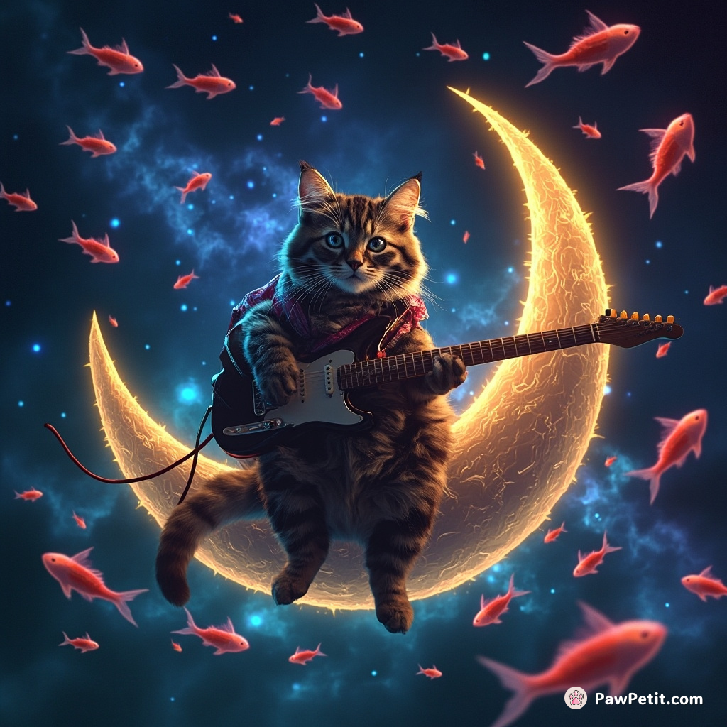 A spacefaring cat playing electric guitar on a crescent moon, drowning in the galactic trail it leaves as millions of neon fish swim around.
